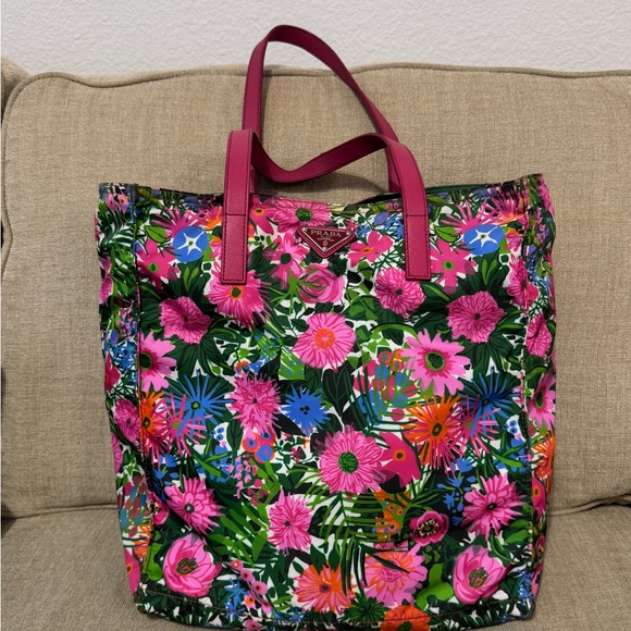 Prada Handbags - Rare Prada Pink and Green Floral Tote Bag
